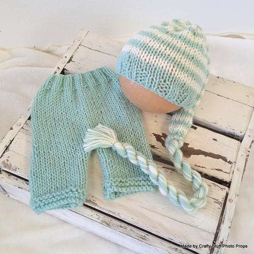 Crafty Stuff : Little Striped Pixie hat and Pants set In sage 0-3 months MADE TO ORDER