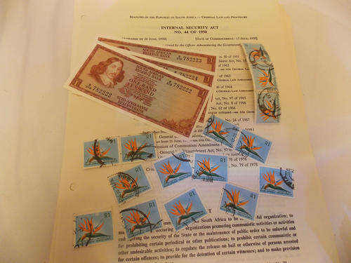 Old SA Items - Three Consecutive One Rand Notes, Strelitzia Stamps and The Internal Security Act