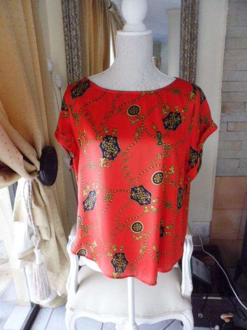 - Classic Red Silky Blouse with Ornate Patterns - Contempo