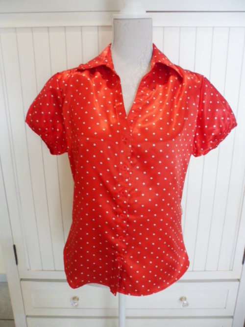 - Silky Red & White Ladies Polka-Dot Shirt - Smart or Casual