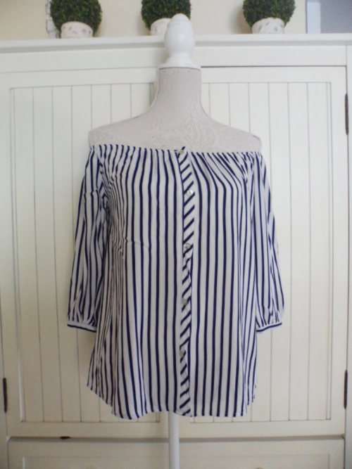 *Last of 2016 Garment Sale* - Classic Navy & White striped off -the- shoulder Top