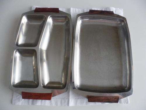 Vintage Retro Stainless Steel Dishes with Wooden Handles - a Pair