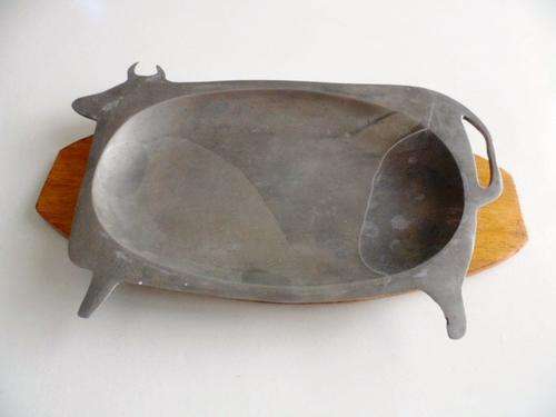 Vintage Pewter Steer Serving Plate on Wooden Board