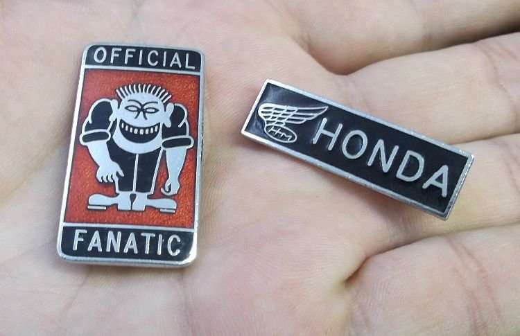 DIZZYMINX ONLY .......2 VINTAGE ENAMEL BIKER BADGES ....TOO COOL