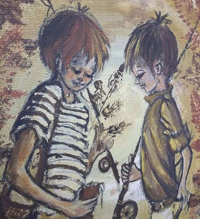 TO MAKE US SMILE ...AN ORIGINAL OIL ON BOARD OF TWO "FISHERMEN" ON THEIR WAY TO THE RIVER...SIGNED