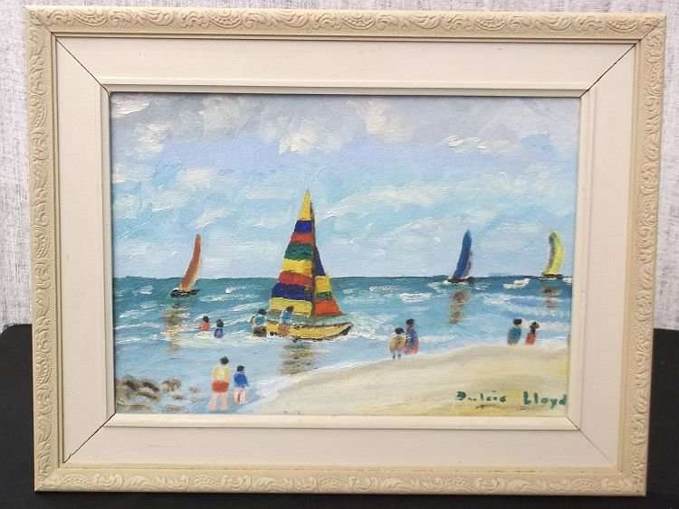 A FUN LOOKING VINTAGE ORIGINAL OIL ON BOARD SIGNED BY THE ARTIST DULCIE LLOYD ...HOLIDAYS !!!