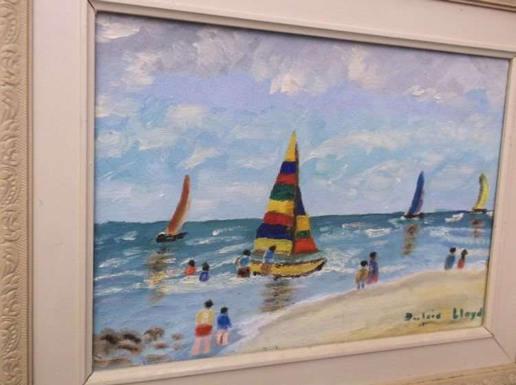 A FUN LOOKING VINTAGE ORIGINAL OIL ON BOARD SIGNED BY THE ARTIST DULCIE LLOYD ...HOLIDAYS !!!