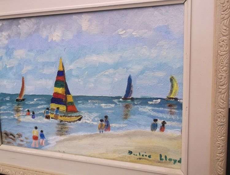 A FUN LOOKING VINTAGE ORIGINAL OIL ON BOARD SIGNED BY THE ARTIST DULCIE LLOYD ...HOLIDAYS !!!