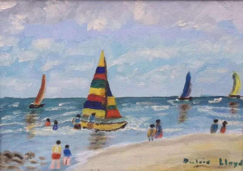 A FUN LOOKING VINTAGE ORIGINAL OIL ON BOARD SIGNED BY THE ARTIST DULCIE LLOYD ...HOLIDAYS !!!
