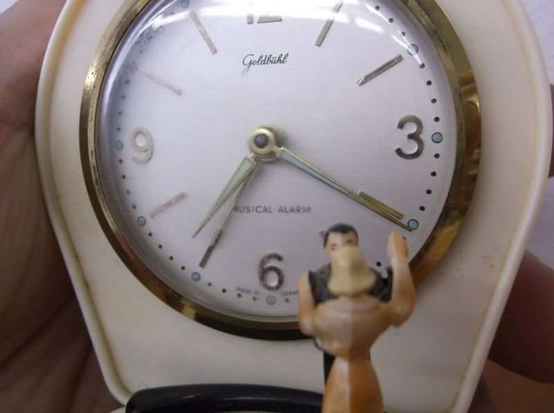 A HEART WARMING VINTAGE MUSICAL ALARM WITH MOVING "RECORD DANCERS" ...MUST SEE TO APPRECIATE !!!