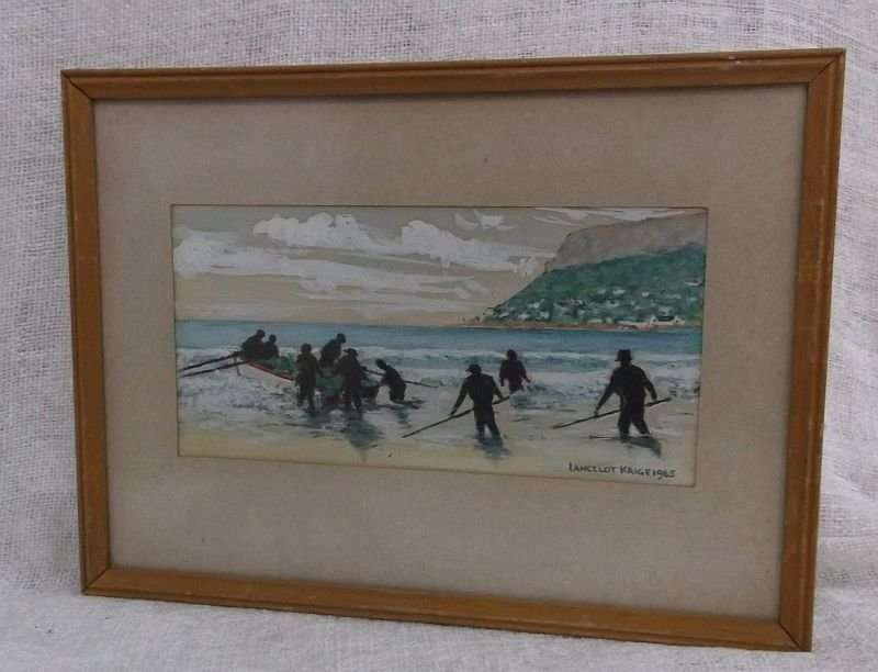 AN IMPRESSIVE ORIGINAL WATERCOLOR PAINTING DEPICTING FISHERMAN SIGNED BY ARTIST LANCELOT KRIGE