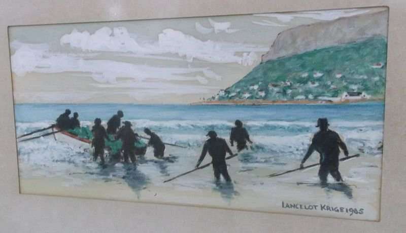 AN IMPRESSIVE ORIGINAL WATERCOLOR PAINTING DEPICTING FISHERMAN SIGNED BY ARTIST LANCELOT KRIGE