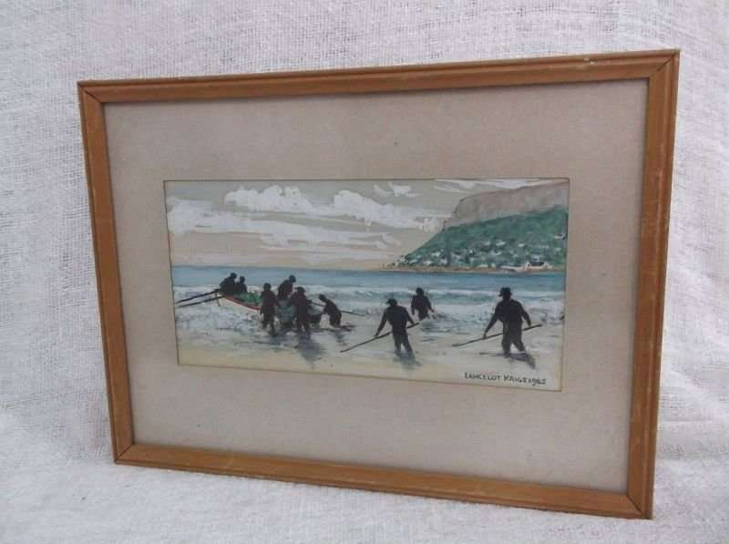AN IMPRESSIVE ORIGINAL WATERCOLOR PAINTING DEPICTING FISHERMAN SIGNED BY ARTIST LANCELOT KRIGE