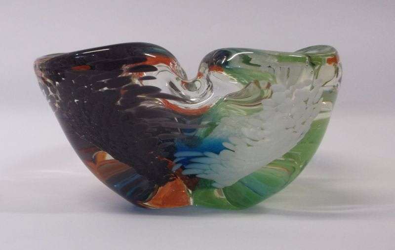 A MAGNIFICENT AND RARE VINTAGE SOLID GLASS MURANO ASHTRAY WITH AN ABUNDANCE OF COLORS ...WOW ...WOW