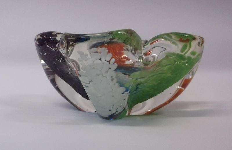 A MAGNIFICENT AND RARE VINTAGE SOLID GLASS MURANO ASHTRAY WITH AN ABUNDANCE OF COLORS ...WOW ...WOW