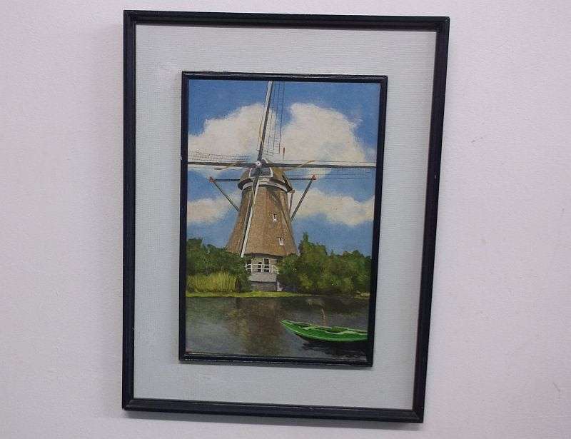 A QUAINT VINTAGE ORIGINAL SIGNED OIL ON BOARD PAINTING DEPICTING A DUTCH STYLE WINDMILL...MOOI MAN