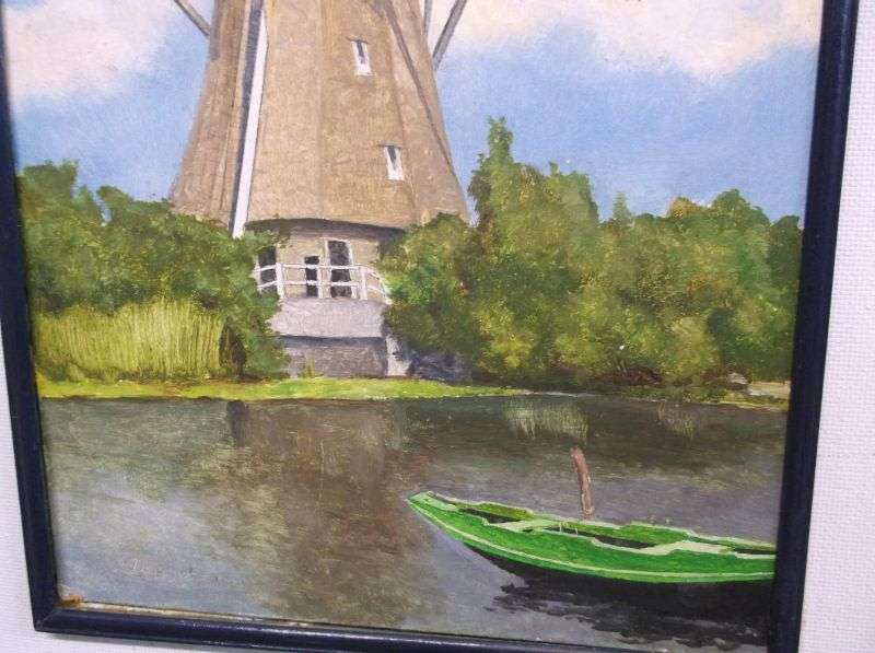 A QUAINT VINTAGE ORIGINAL SIGNED OIL ON BOARD PAINTING DEPICTING A DUTCH STYLE WINDMILL...MOOI MAN