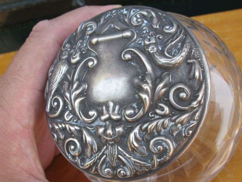 A SUPERB OLD BRIERLEY CRYSTAL POWDER BOWL WITH HALLMARKED SILVER LID ...AWESOME DETAIL ...WOW !!!!