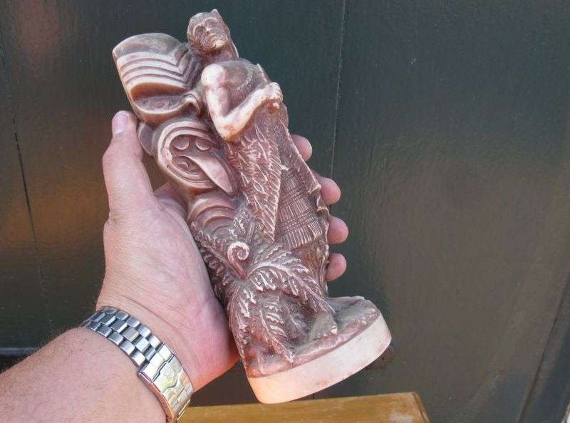 A MOST UNUSUAL AND HEAVY FOR SIZE "TRIBAL" FIGURE ...LOOKS LIKE A MAORI WARRIOR