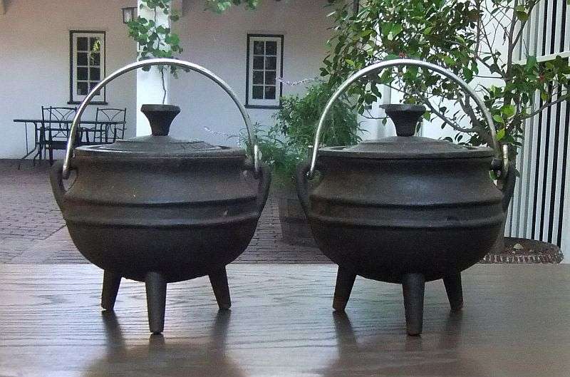 SO CUTE !! TWO BUSH BABY CAST IRON MINI "POTJIE KOS " POTS WITH LIDS AND HANDLES !! BID FOR BOTH !!