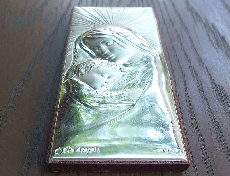 A STUNNING VINTAGE STERLING SILVER CHRISTIAN PLAQUE ON WOODEN BACKING BY BLU ARGENTO ...MARY & CHILD