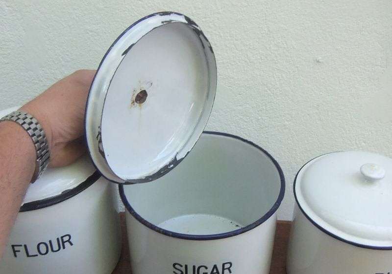 COOL !!! A SET OF 5 VINTAGE ENAMEL STORAGE CONTAINERS FOR RICE , FLOUR , SUGAR , COFFEE AND TEA