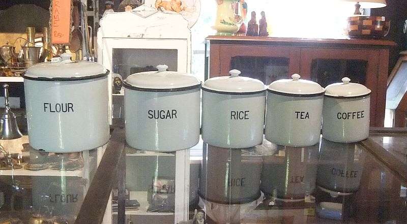 COOL !!! A SET OF 5 VINTAGE ENAMEL STORAGE CONTAINERS FOR RICE , FLOUR , SUGAR , COFFEE AND TEA