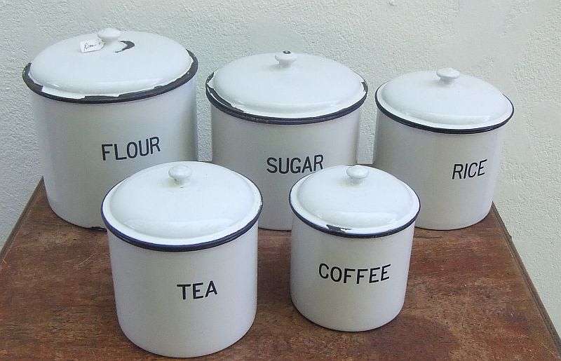 COOL !!! A SET OF 5 VINTAGE ENAMEL STORAGE CONTAINERS FOR RICE , FLOUR , SUGAR , COFFEE AND TEA