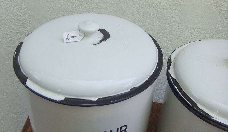 COOL !!! A SET OF 5 VINTAGE ENAMEL STORAGE CONTAINERS FOR RICE , FLOUR , SUGAR , COFFEE AND TEA