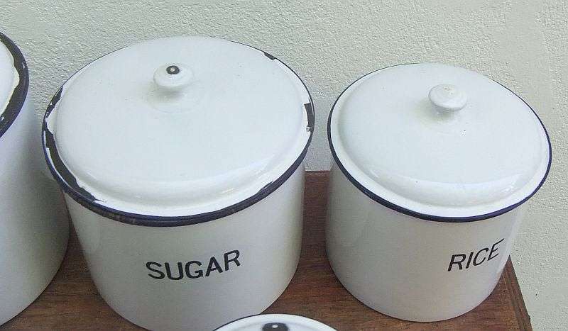 COOL !!! A SET OF 5 VINTAGE ENAMEL STORAGE CONTAINERS FOR RICE , FLOUR , SUGAR , COFFEE AND TEA