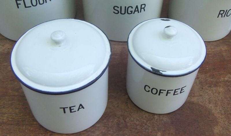 COOL !!! A SET OF 5 VINTAGE ENAMEL STORAGE CONTAINERS FOR RICE , FLOUR , SUGAR , COFFEE AND TEA