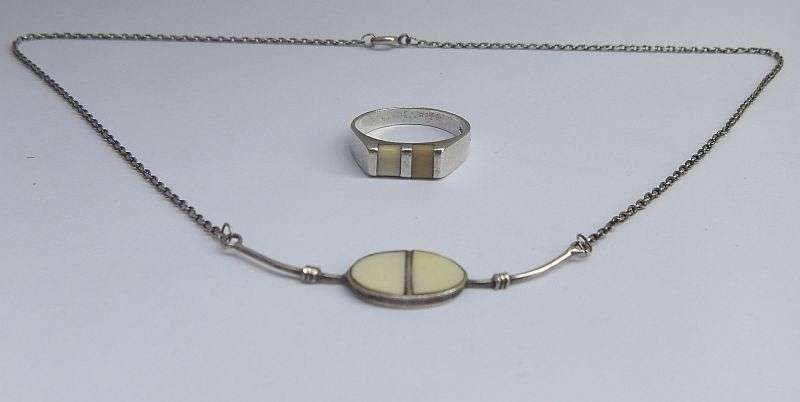 A FANTASTIC STERLING SILVER NECKLACE AND STERLING SILVER RING WITH INTERESTING INSETS ...TAKE A LOOK