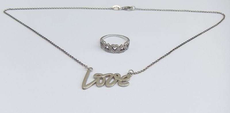 LOVELY !! A STERLING SILVER NECKLACE WITH "LOVE" PENDANT PLUS A STERLING SILVER HEART RING !! WOW !!
