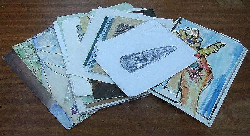 13 PIECES !! UNFRAMED !! OIL ON BOARD ,ETCHINGS, SIGNED PRINT ,WATERCOLOR, SKETCHES !! BID FOR ALL