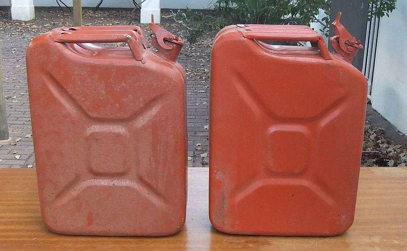 SO COOL !! ...TWO HEAVY VINTAGE METAL JERRY CANS ...20L CAPACITY ....BID FOR BOTH
