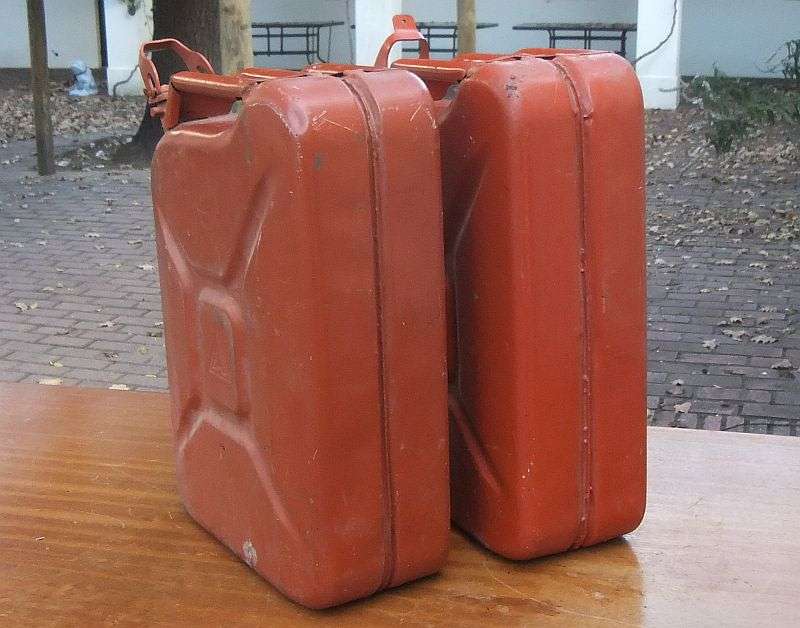 SO COOL !! ...TWO HEAVY VINTAGE METAL JERRY CANS ...20L CAPACITY ....BID FOR BOTH