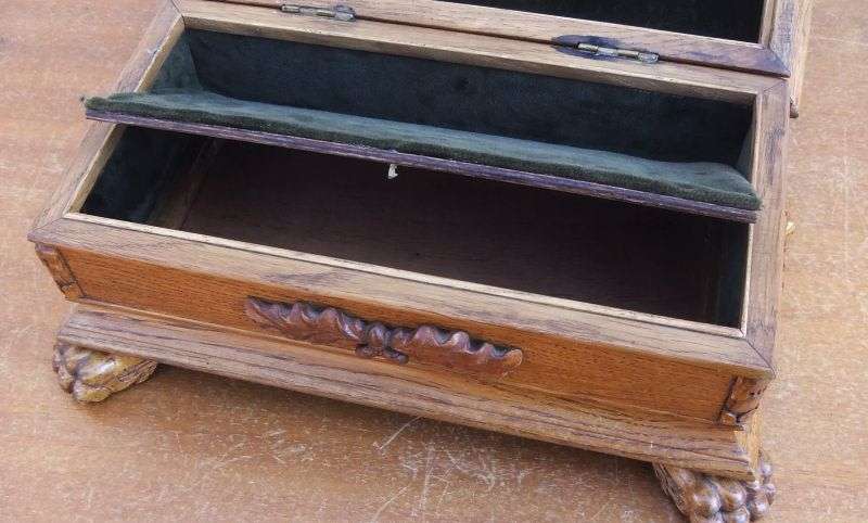 THE MOST EXQUISITE HAND MADE OAK JEWELRY BOX WITH SECRET COMPARTMENT AND MAKERS PLAQUE...RARE !!