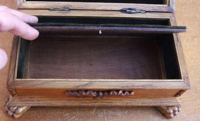 THE MOST EXQUISITE HAND MADE OAK JEWELRY BOX WITH SECRET COMPARTMENT AND MAKERS PLAQUE...RARE !!