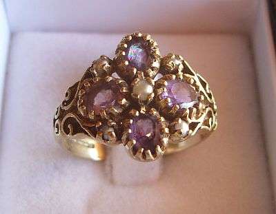 ANTIQUE 1895 9 CT GOLD HALLMARKED RING - AMETHYST AND SEED PEARLS