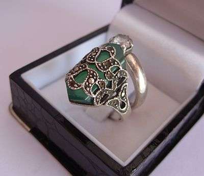 TWO STERLING SILVER RINGS - UNUSUAL GREEN "STONE" & FACETED CZ
