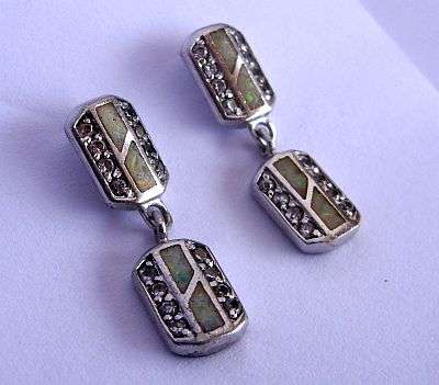 A DELIGHTFUL PAIR OF STERLING SILVER EARRINGS SET WITH FIRE OPALS & FACETED CZ ` S !!!!!!!!!!!!!!!