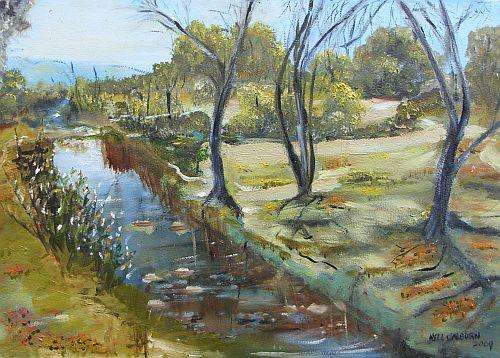 AN ORIGINAL OIL ON CANVAS BOARD BY NELL CALBURN - THE STREAM
