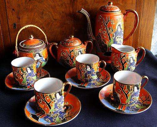 AN ABSOLUTELY BREATHTAKING JAPANESE HAND PAINTED TEA / COFFEE SET IN SHOCKING ORANGE !!! SUBLIME !!!