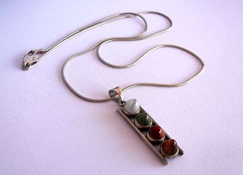 A REMARKABLE STERLING DESIGNER PENDANT SET WITH CABOCHON GEMS & A STERLING SILVER NECKLACE !!!