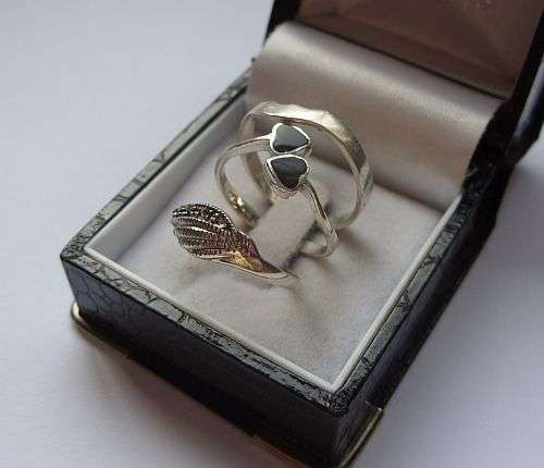 THREE LOVELY STERLING SILVER RINGS !!! ONYX , MARCASITE AND A STACKING RING !!! GOOD TO GO !!!