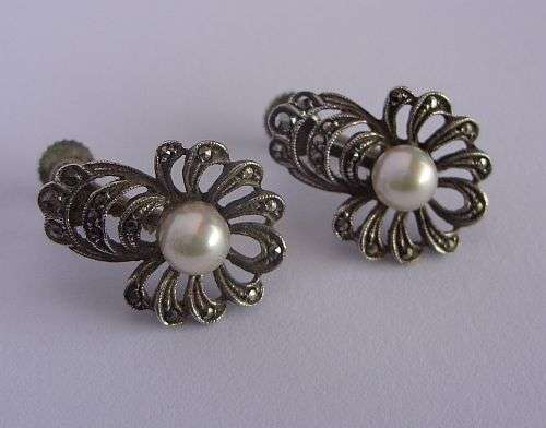 CLASSY VINTAGE SILVER EARRINGS SET WITH MARCASITE AND GENUINE PEARLS !!! WOW !!!