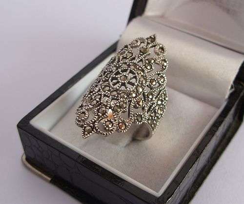 AN OUT OF THIS WORLD BIG STERLING SILVER RING WITH TONS OF DETAIL AND MARCASITE !!!! WOW , WOW !!!!