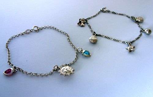 TWO CUTE AND PETITE STERLING SILVER CHARMS BRACELETS !!! FUN & EYE CATCHING PIECES !!!!