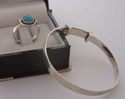 TWINKLE TWINKLE LITTLE STAR * STERLING SILVER BANGLE & A TEENY TINY TURQUOISE STERLING SILVER RING