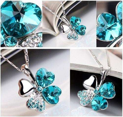 EXQUISITE! Ocean Blue Four Leaf Clover Necklace Made With Precision-Cut Crystals - STYLISH DESIGN!